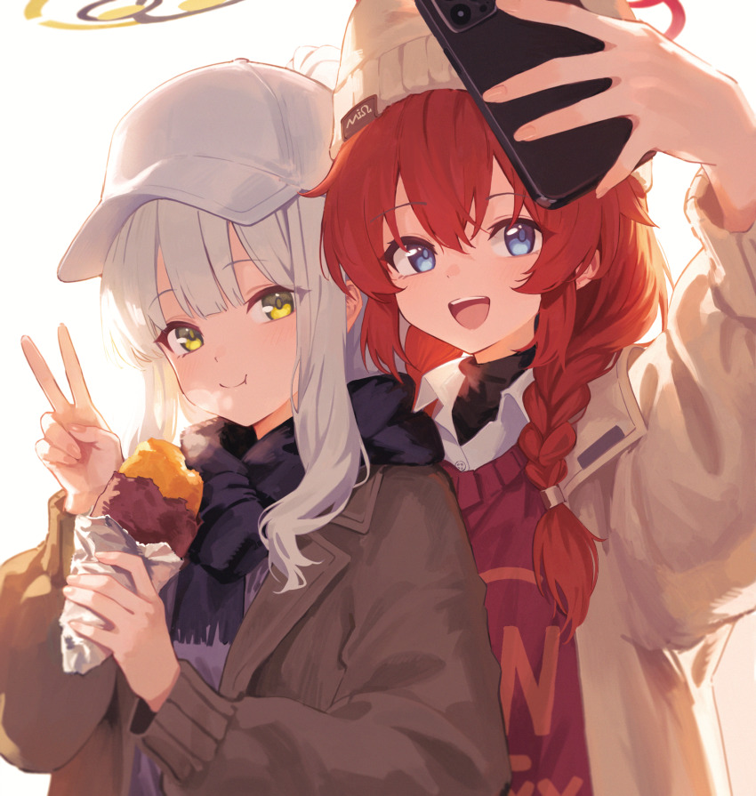 2girls 5higure :d animal_ear_headwear baked_potato beanie blue_archive braid brown_coat brown_hat brown_jacket cellphone coat eating fake_animal_ears food green_eyes green_halo halo hare_(blue_archive) hare_(camp)_(blue_archive) hat highres holding holding_food holding_phone jacket long_sleeves maki_(blue_archive) maki_(camp)_(blue_archive) multiple_girls official_alternate_costume official_alternate_hairstyle open_mouth phone red_hair red_halo red_sweater red_sweater_vest roasted_sweet_potato selfie smile sweater sweater_vest sweet_potato taking_picture upper_body v white_hair white_hat