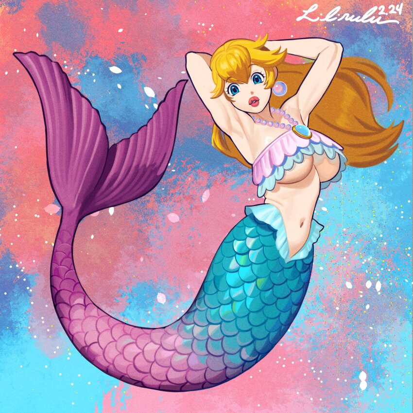 1girl absurdres arms_behind_head artist_name blonde_hair blue_eyes breasts commission earrings fins fish_tail highres jewelry large_breasts lilirulu long_hair mario_(series) mermaid mermaid_peach midriff monster_girl navel necklace nintendo princess_peach princess_peach:_showtime! tail text_focus underboob
