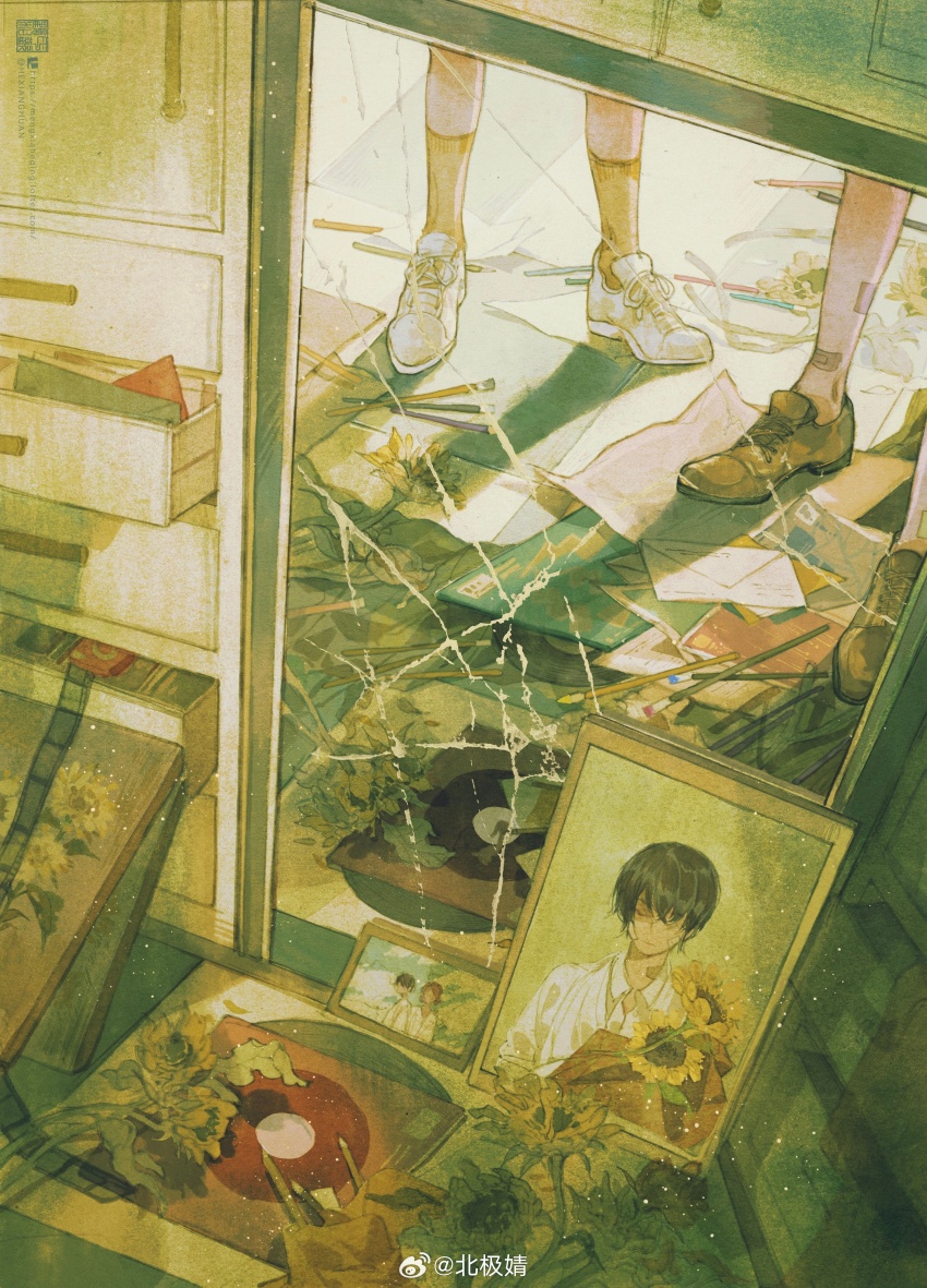 2boys absurdres ankle_socks bandaid bandaid_on_leg black_shoes book cd chinese_commentary commentary_request crack cracked_glass drawer film_reel flower grey_socks highres iei indoors light_particles lower_body male_focus mengxiaheqing mirror multiple_boys original paper plant shoes sneakers socks standing sunflower watermark weibo_watermark white_shoes