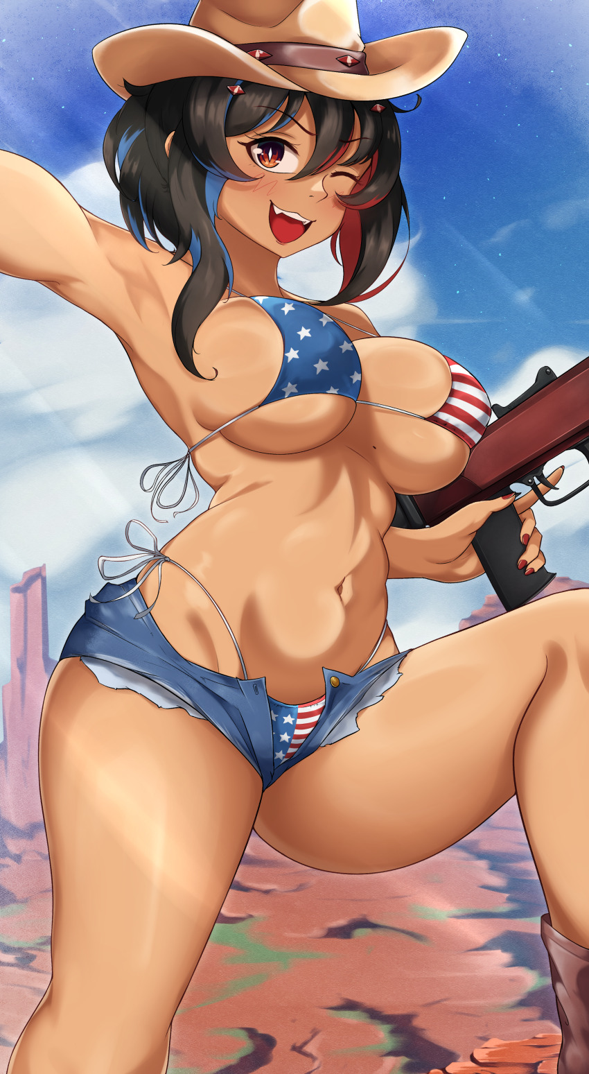 1girl ;d absurdres american_flag american_flag_bikini american_flag_print arm_up armpits ass bare_shoulders bikini black_hair blue_sky boots breasts brown_boots brown_eyes cleavage cloud cloudy_sky colored_inner_hair commentary day english_commentary flag_print flag_print_bikini gun hair_between_eyes hair_ornament hat highres holding holding_weapon large_breasts micro_shorts mole mole_on_breast multicolored_hair navel one_eye_closed open_mouth original outdoors print_bikini red_hair scrapy short_shorts shorts side-tie_bikini_bottom sky smile stomach streaked_hair swimsuit teeth thighs trigger_discipline upper_teeth_only weapon
