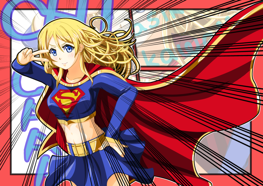 10s 1girl ayase_eli cape cosplay costume dc_comics emphasis_lines english_text horosho jou_(circlemay) long_hair love_live! love_live!_school_idol_project skirt sound_effects stomach supergirl supergirl_(cosplay) superhero_costume v v_over_eye
