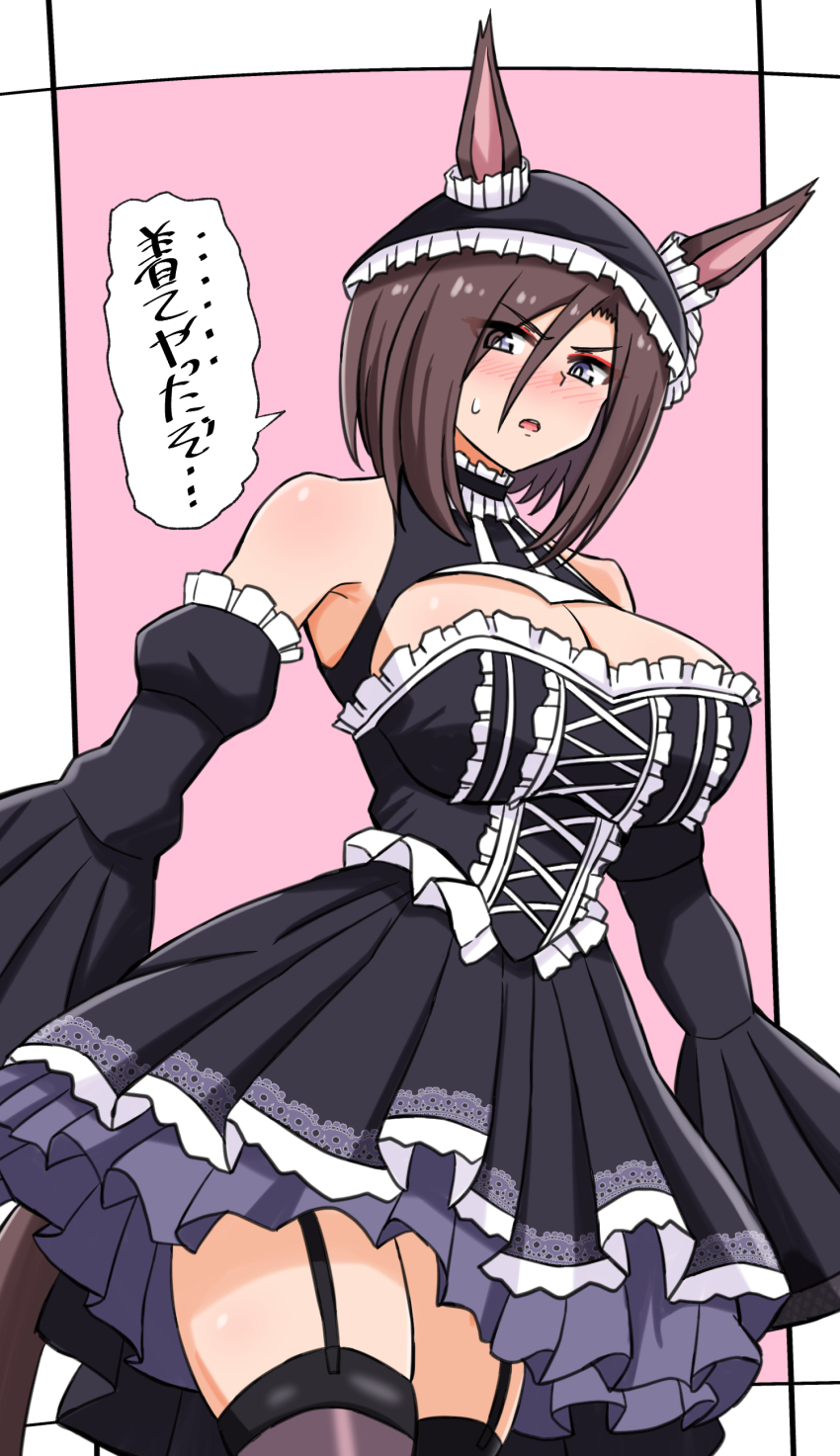 1girl absurdres air_groove_(umamusume) alternate_costume animal_ears armpits black_dress blue_eyes blush bow breasts brown_hair cleavage detached_sleeves dress frilled_dress frilled_hat frilled_sleeves frills garter_straps goth_fashion gothic_lolita hair_between_eyes hat highres horse_ears horse_girl large_breasts lolita_fashion long_sleeves looking_at_viewer open_mouth ribbon shikokuken_(mrykk24) short_hair solo thighhighs umamusume
