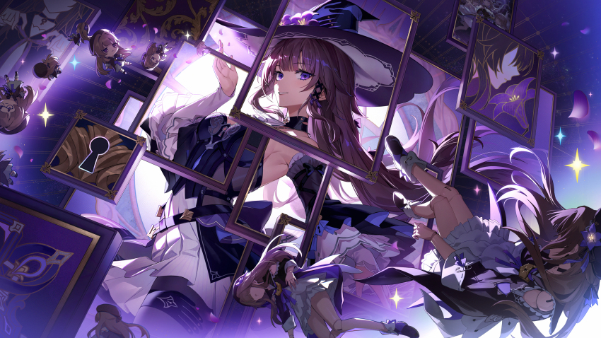1girl bare_shoulders black_dress black_pantyhose brown_hair detached_sleeves dress floating_hair flower hands_up hat hat_flower herta_(honkai:_star_rail) highres honkai:_star_rail honkai_(series) long_hair long_sleeves looking_at_viewer nez39 pantyhose parted_lips puppet purple_eyes purple_flower smile the_herta_(honkai:_star_rail) witch_hat