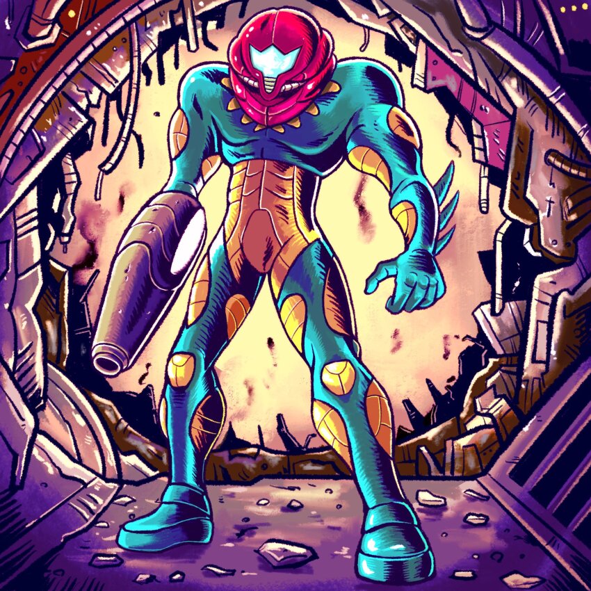 1girl arm_cannon armor debris facing_viewer full_body helmet highres imamura_takaya indoors metroid metroid_fusion nintendo power_armor power_suit_(metroid) samus_aran solo standing weapon