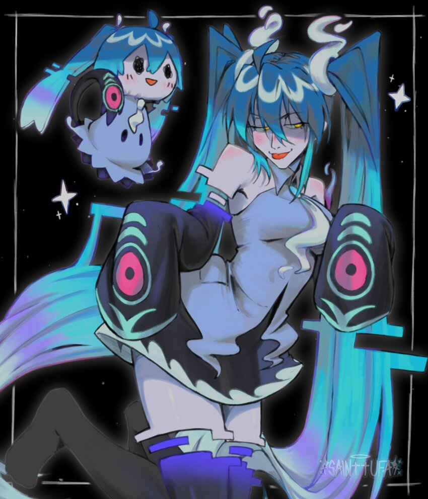 1girl absurdres ahoge artist_name bare_shoulders blue_hair blush boots border closed_mouth collared_shirt commentary detached_arm detached_legs detached_sleeves gen_7_pokemon ghost_miku_(project_voltage) glitch grey_shirt hatsune_miku highres long_hair looking_to_the_side mimikyu miniskirt necktie nintendo pokemon project_voltage sainttufa shirt sidelocks skirt sleeveless sleeveless_shirt sleeves_past_fingers sleeves_past_wrists smile solo sparkle thigh_boots tongue tongue_out twintails very_long_hair vocaloid yellow_eyes