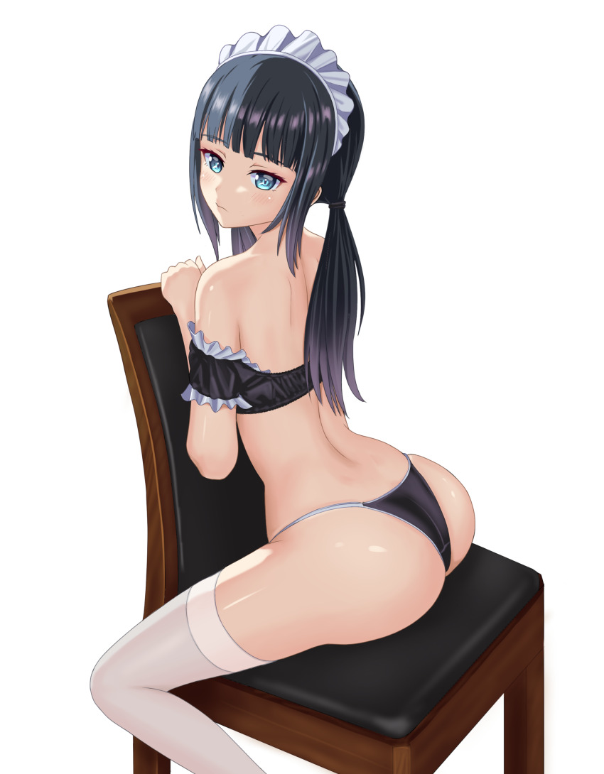 1girl absurdres arch ass bare_back bare_shoulders black_hair black_panties blue_eyes blunt_bangs chair closed_mouth commentary_request dot_nose frills from_behind highres kyouji44288608 light_frown maid maid_headdress off_shoulder original panties ponytail simple_background solo thighhighs thighs underwear white_background white_thighhighs