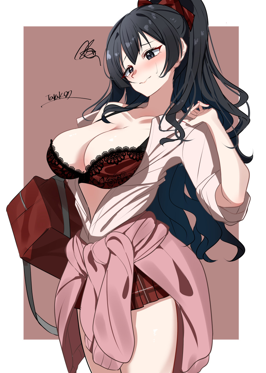 1girl absurdres bag black_eyes black_hair blush border bra breasts brown_background cardigan cardigan_around_waist cleavage closed_mouth clothes_around_waist collarbone collared_shirt commentary commentary_request gyaru gyarugasaki hair_ornament hair_scrunchie high_ponytail highres jacket jacket_around_waist lace lace-trimmed_bra lace_trim large_breasts long_hair love_live! love_live!_nijigasaki_high_school_idol_club open_clothes open_shirt pink_cardigan plaid_clothes plaid_skirt pleated_skirt ponytail red_background red_bra red_skirt school_bag school_uniform scrunchie shirt shoulder_bag signature simple_background skirt solo squiggle standing tarakon underwear upper_body wavy_hair white_border white_shirt yuki_setsuna