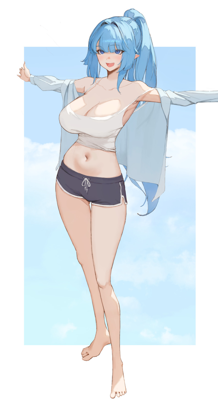1girl absurdres armpits bare_legs bare_shoulders barefoot black_shorts blue_eyes blue_hair breasts camisole character_pria cleavage collarbone commission crop_top dolphin_shorts drawstring full_body highres jacket large_breasts long_hair long_sleeves looking_at_viewer midriff navel off_shoulder open_clothes open_jacket open_mouth original outstretched_arms pointy_ears ponytail second-party_source shirt short_shorts shorts sib_(9obsl) sleeveless sleeveless_shirt smile solo spaghetti_strap standing stomach strap_slip thighs two-tone_background very_long_hair white_jacket white_shirt