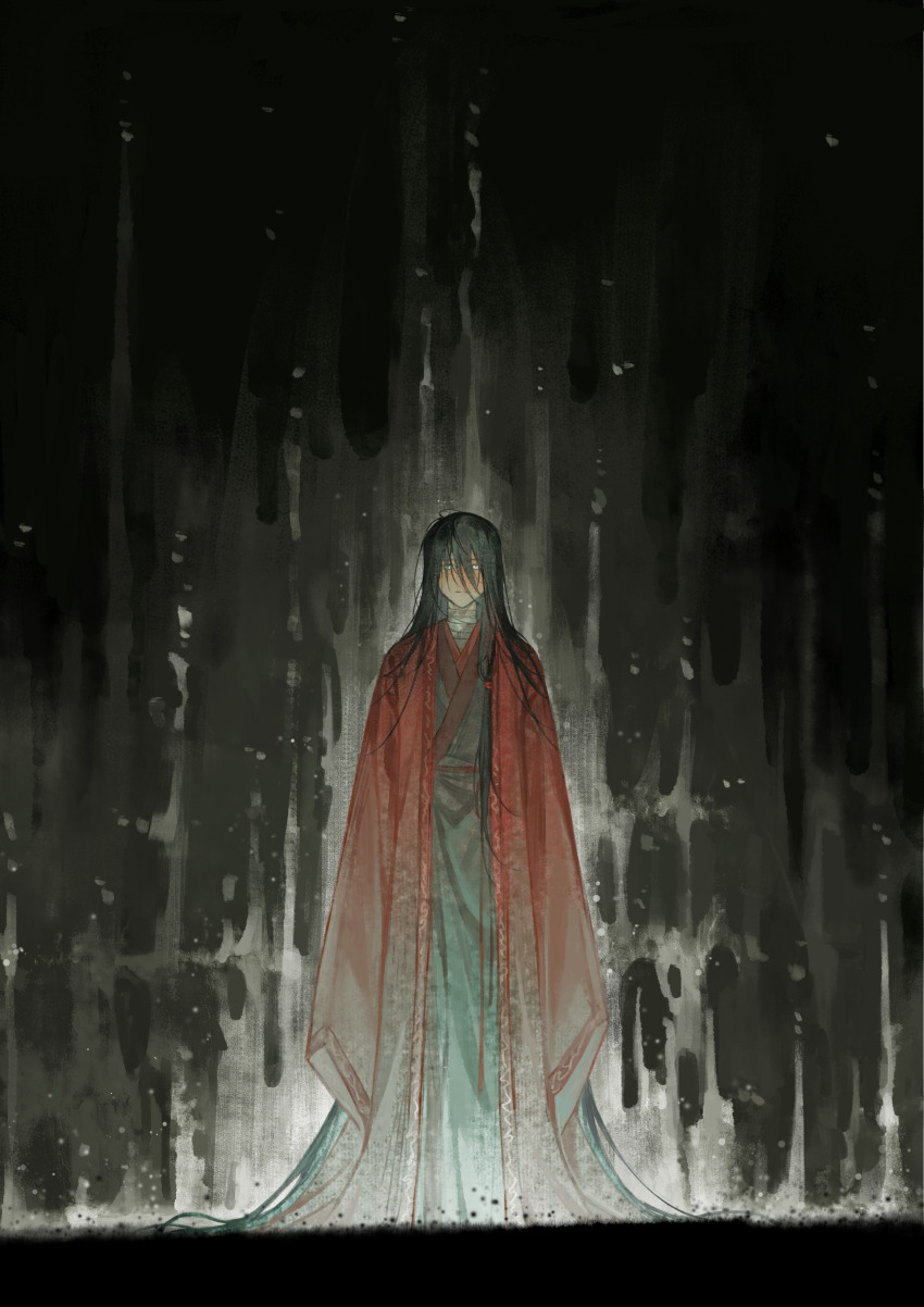 1boy absurdly_long_hair absurdres bandaged_neck bandages black_hair black_hanfu blood chinese_clothes chinese_commentary closed_mouth coat dao_gui_yi_xian facing_viewer full_body hair_between_eyes hanfu highres ji_zai li_huowang long_hair long_sleeves looking_at_viewer low-tied_long_hair male_focus messy_hair red_coat robe shiqi274 sleeves_past_fingers sleeves_past_wrists solo standing very_long_hair very_long_sleeves white_eyes wide_sleeves