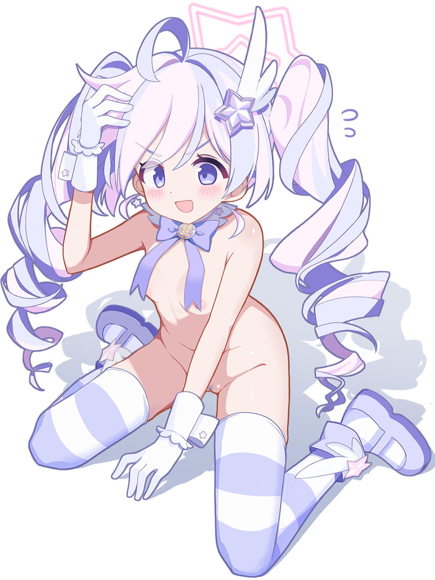 1girl ahoge blue_archive bow bowtie breasts detached_collar drill_hair female_pubic_hair gloves hair_ornament halo highres long_hair magical_girl multicolored_hair navel nude official_alternate_hairstyle open_mouth pink_hair pubic_hair purple_bow purple_bowtie purple_eyes purple_hair reisa_(blue_archive) reisa_(magical)_(blue_archive) small_breasts star_(symbol) star_hair_ornament star_halo striped_clothes striped_thighhighs thighhighs twin_drills two-tone_hair white_gloves wing_hair_ornament yurikawa_chatora