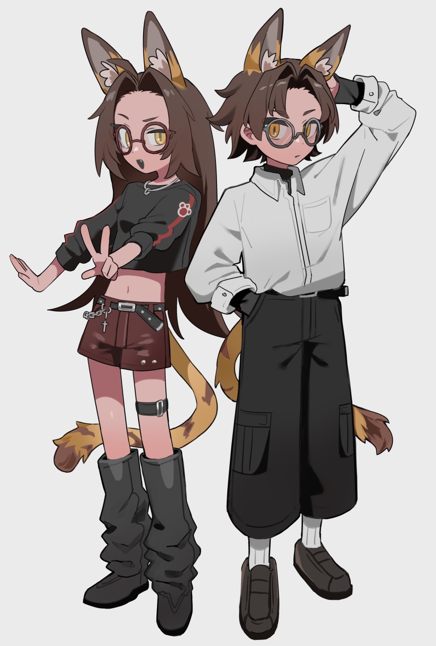 1boy 1girl absurdres ahoge animal_ears arm_up belt black_belt black_leg_warmers black_pants black_shoes black_sweater borrowed_character breast_pocket brown_hair closed_mouth commission cropped_sweater cross curtained_hair dot_nose fang full_body glasses grey-framed_eyewear grey_background hand_in_own_hair hand_in_pocket highres hyow jewelry leg_warmers loafers long_hair long_sleeves looking_at_viewer middle_part midriff navel necklace open_mouth original pants pocket red-framed_eyewear red_shorts round_eyewear second-party_source shirt shoes shorts siblings side-by-side simple_background skeb_commission slit_pupils socks standing sweater tail three-quarter_sleeves triangle_mouth uneven_eyes very_long_hair w wallet_chain white_shirt white_socks yellow_eyes