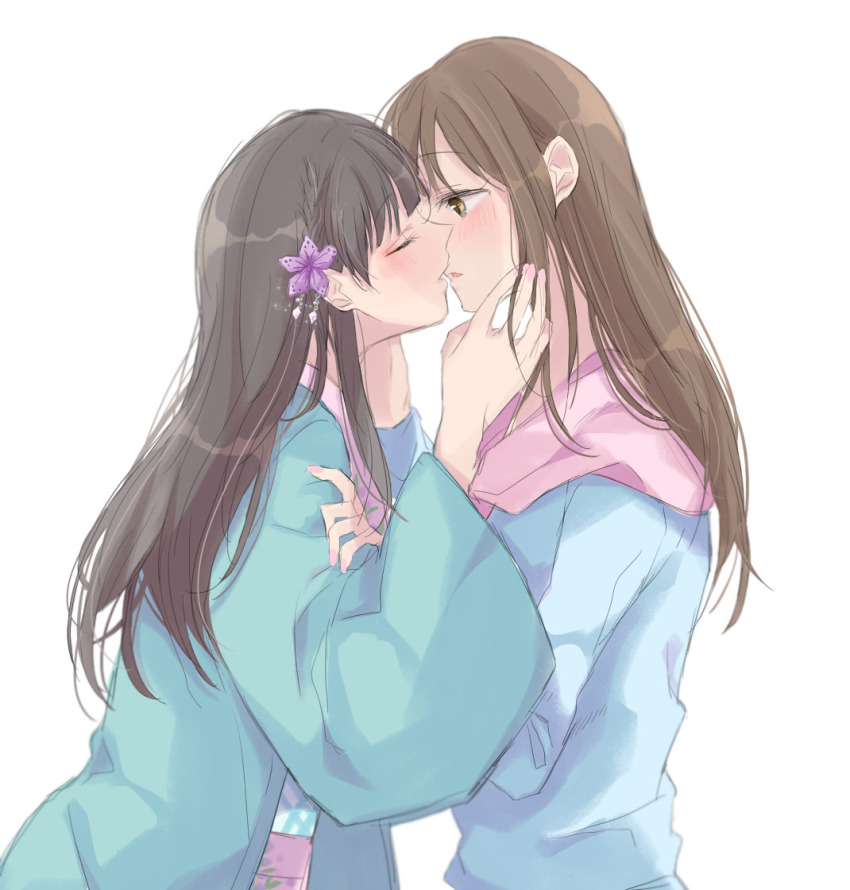 2girls ajiwo blush brown_hair closed_eyes fingernails flower hair_flower hair_ornament idolmaster idolmaster_cinderella_girls imminent_kiss kobayakawa_sae long_hair looking_at_another mizumoto_yukari multiple_girls nail_polish simple_background straight_hair upper_body very_long_hair white_background yuri
