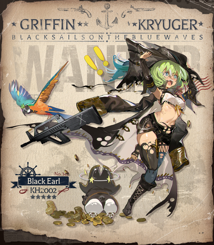 ! !! 1girl anchor_ornament arms_up assault_rifle asymmetrical_legwear aym_(weibo2861967950) bandeau bicorne black_boots black_coat black_dog black_hat black_nails black_shorts black_sleeves black_thighhighs blue_thighhighs boots breasts bullpup character_name coat coat_on_shoulders coin commentary detached_sleeves dizzy english_commentary eyepatch feet fleeing flying flying_teardrops full_body girls&#039;_frontline gold_coin green_eyes green_hair gun hair_between_eyes hat highres holding holding_gun holding_weapon kh-2002 kh2002_(black_earl)_(girls&#039;_frontline) kh2002_(girls&#039;_frontline) knee_boots long_sleeves medium_breasts mismatched_legwear navel official_alternate_costume official_art open_mouth pirate_hat pitbull_terrier poster_(object) rifle running second-party_source short_hair short_shorts shorts single_knee_boot solo star_(symbol) stomach teeth thighhighs toenails toes torn_bandeau torn_clothes torn_coat torn_hat torn_shorts torn_thighhighs upper_teeth_only wanted_poster weapon white_bandeau
