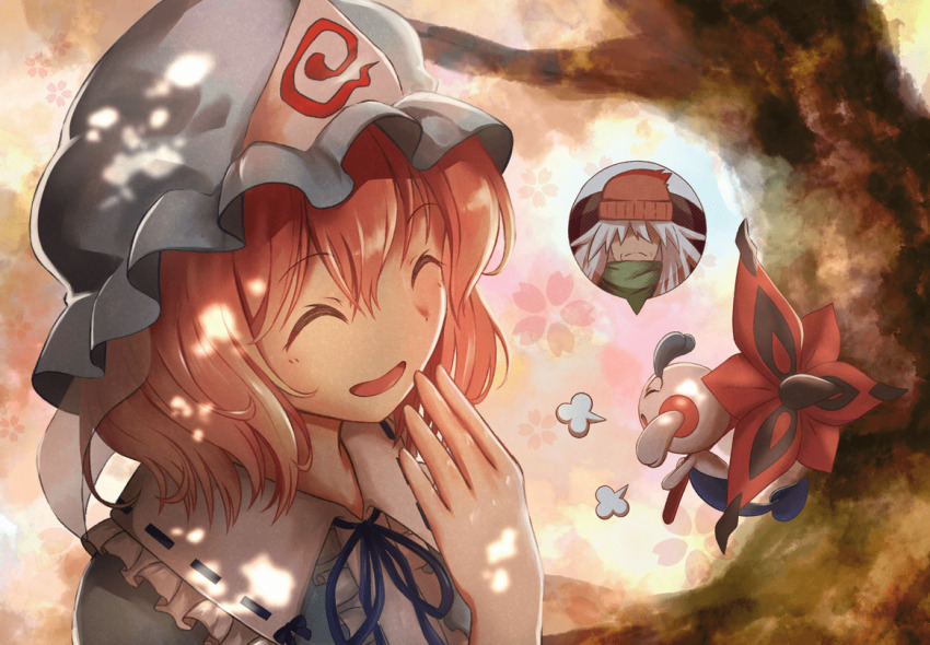 1boy 1girl az_(pokemon) blue_hat blue_ribbon crossover facing_another floette floette_(eternal) gen_6_pokemon hair_over_eyes hat japanese_clothes laughing mob_cap nintendo pink_hair pokemon pokemon_(creature) pokemon_xy pori puff_of_air ribbon saigyouji_yuyuko short_hair spoken_character touhou tree triangular_headpiece
