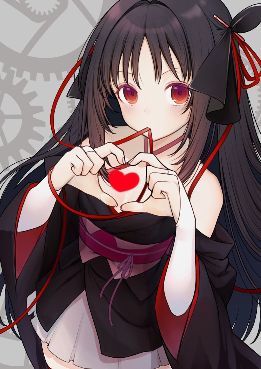 1girl four-finger_heart_hands bare_shoulders black_hair black_kimono breasts curtained_hair dot_nose gears grey_background grey_skirt heart heart_hands highres japanese_clothes kimono light_blush long_hair looking_at_viewer machine-doll_wa_kizutsukanai obi obiage obijime off_shoulder parted_bangs pleated_skirt red_eyes saltylemontea sash short_kimono sidelocks skirt small_breasts solo string_in_mouth upper_body very_long_hair wide_sleeves yaya_(machine-doll)