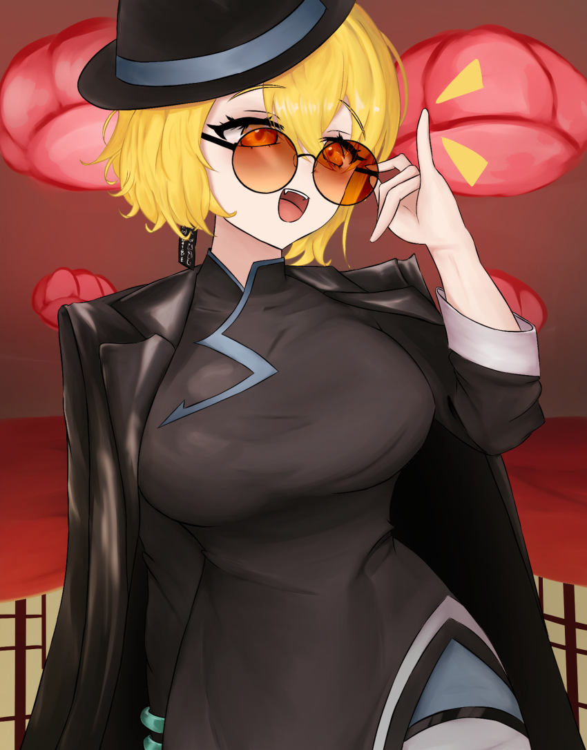 1girl adjusting_eyewear black_coat black_dress black_gloves black_hat blonde_hair bracelet breasts china_dress chinese_clothes coat coat_on_shoulders commentary_request don_quixote_(project_moon) dress earrings cinq_east_(identity)_(project_moon) gloves hat highres jewelry korean_commentary large_breasts limbus_company long_sleeves open_mouth partially_opaque_sunglasses project_moon round_eyewear short_hair single_earring single_glove smile solo sunglasses teeth tilted_headwear tilted_headwear upper_teeth_only user_zmcf7435 yellow_eyes