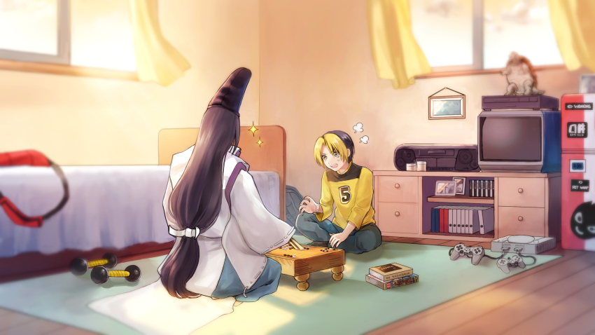 2boys absurdres bag bed black_hair blonde_hair bloom blue_pants blurry board_game book boombox commentary_request controller crt curtains depth_of_field dumbbell evening floating_curtains folded_fan folding_fan fujiwara_no_sai game_console game_controller go_(board_game) hand_fan hat highres hikaru_no_go holding holding_fan indian_style indoors japanese_clothes kariginu kimono long_hair long_sleeves low-tied_long_hair male_focus multicolored_hair multiple_boys on_floor open_mouth open_window pants paper_fan parted_bangs playing_games playstation_1 print_shirt puff_of_air ribbon-trimmed_sleeves ribbon_trim rug seiza shindou_hikaru shinju_pearl_pix shirt short_hair shoulder_bag sitting sleeves_past_fingers sleeves_past_wrists slice_of_life sparkle statuette sunlight sweatdrop tate_eboshi television two-tone_hair videocassette_recorder wide_sleeves window wooden_floor yellow_shirt