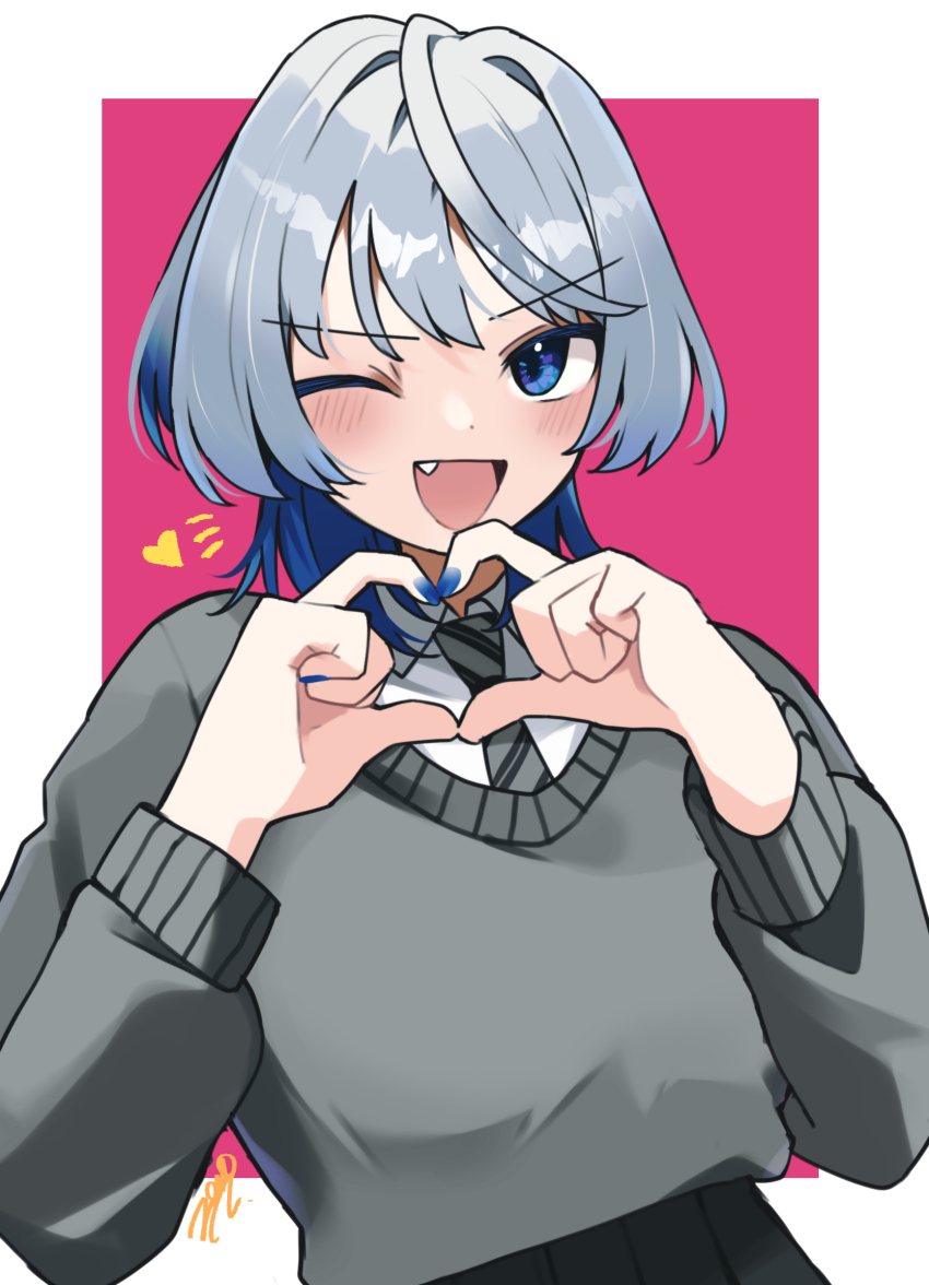 1girl :d black_skirt blue_eyes blue_hair blue_nails blush cardigan collared_shirt commentary fang fingernails gradient_hair grey_cardigan grey_hair grey_necktie heart heart_hands highres looking_at_viewer medium_hair multicolored_hair necktie one_eye_closed open_mouth original pleated_skirt school_uniform shirt sign skirt smile solo striped_necktie symbol-only_commentary two-tone_background upper_body white_background white_shirt wolf_cut zono_(inokura_syuzo029)