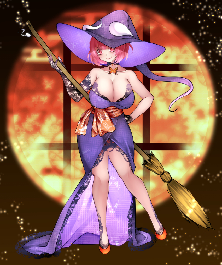 1girl aoshima bare_shoulders breasts broom cleavage collarbone dress gloves halloween halloween_costume hat highres lace lace-trimmed_dress lace_gloves lace_trim large_breasts lazy_eye saigyouji_yuyuko short_hair single_sleeve smile solo touhou witch witch_hat