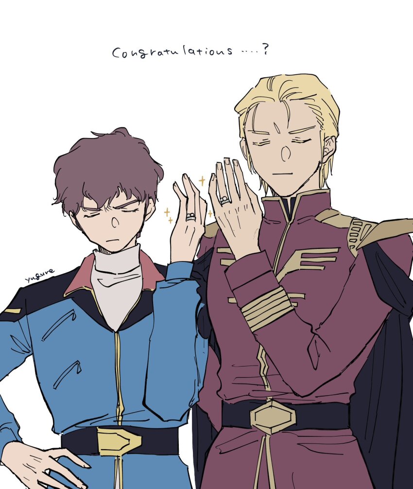 ...? 2boys amuro_ray artist_name belt black_belt black_cape blonde_hair brown_hair cape char&#039;s_counterattack char_aznable closed_eyes commentary_request congratulations cowboy_shot earth_federation earth_federation_space_forces english_text epaulettes facing_viewer gundam hair_slicked_back hands_up highres husband_and_husband jacket jewelry long_sleeves male_focus military_uniform multiple_boys neo_zeon red_jacket ring short_hair sparkle v-shaped_eyebrows wedding_ring yaoi yugre0000