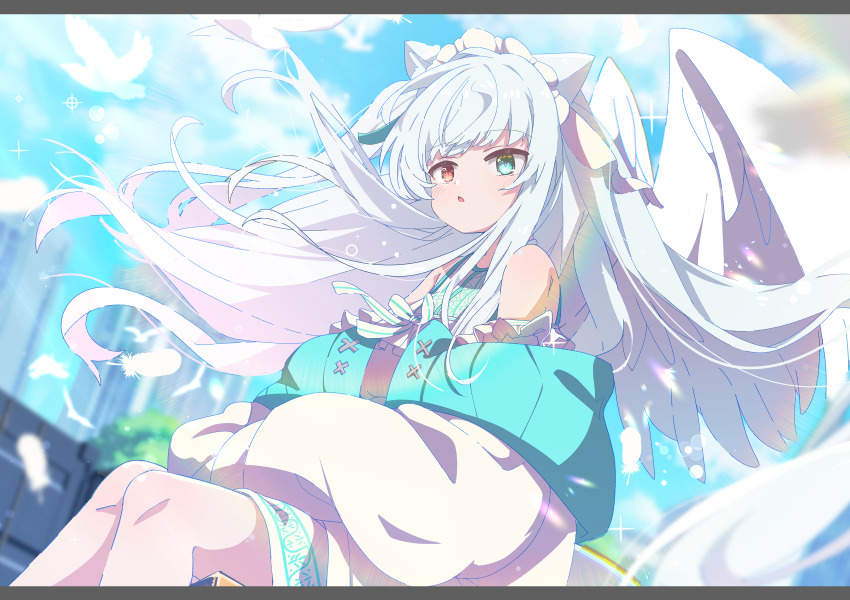 1girl absurdres angel_wings animal_ears aqua_eyes bare_shoulders blue_sky blurry blurry_background blush border building cat_ears chestnut_mouth city cloud commission day depth_of_field dress feathered_wings feathers feet_out_of_frame floating_hair green_eyes heterochromia highres jacket letterboxed long_hair long_sleeves looking_at_viewer off_shoulder open_mouth original outdoors parted_lips puffy_long_sleeves puffy_sleeves red_eyes shiro9jira sitting skeb_commission sky solo triangle_mouth very_long_hair white_dress white_feathers white_hair white_jacket white_wings wings
