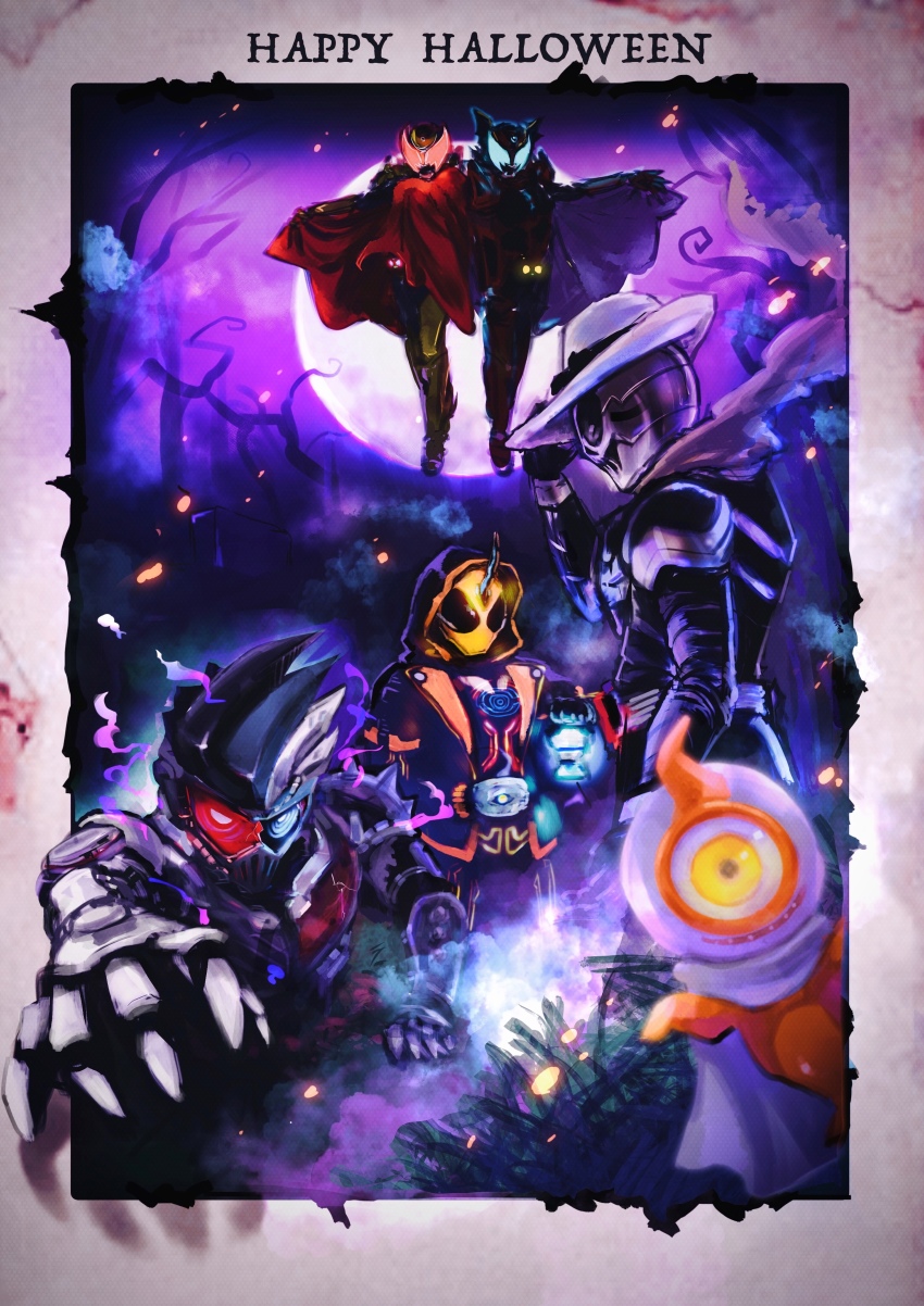 5boys absurdres back-to-back blue_eyes commentary_request detective fedora ghost ghost_driver halloween happy_halloween hat haunting highres horns horror_(theme) kamen_rider kamen_rider_dark_kiva kamen_rider_ex-aid_(series) kamen_rider_genm kamen_rider_ghost kamen_rider_ghost_(series) kamen_rider_kiva kamen_rider_kiva_(emperor_form) kamen_rider_kiva_(series) kamen_rider_skull kamen_rider_w kivat-bat_ii kivat-bat_iii moonlight multiple_boys murasaki_no_ryuuki night night_sky ore_damashii red_eyes single_horn sky spirit yurusen