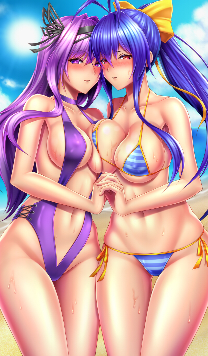 2girls antenna_hair bad_id bad_pixiv_id bare_shoulders beach bikini black_hairband blazblue blue_hair blue_sky bow breast_press breasts choker collarbone covered_erect_nipples day genderswap genderswap_(mtf) hair_bow hairband highres holding_hands kajun_faycott large_breasts long_hair looking_at_viewer mai_natsume matching_hair/eyes multiple_girls navel ocean one-piece_swimsuit open_mouth outdoors ponytail purple_choker purple_eyes purple_hair purple_one-piece_swimsuit red_eyes shiboru side-tie_bikini_bottom sky smile striped_bikini striped_clothes swimsuit symmetrical_docking thigh_gap thighs very_long_hair water yellow_bow yuri