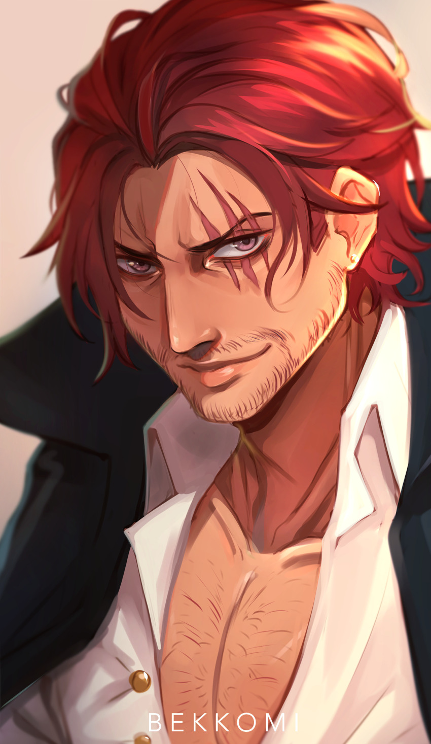 1boy absurdres artist_name beard_stubble bekkomi black_cape cape closed_mouth collarbone commentary english_commentary facial_hair highres male_focus mustache_stubble one_piece red_hair scar scar_across_eye scar_on_face shanks_(one_piece) shirt short_hair smile solo stubble white_shirt