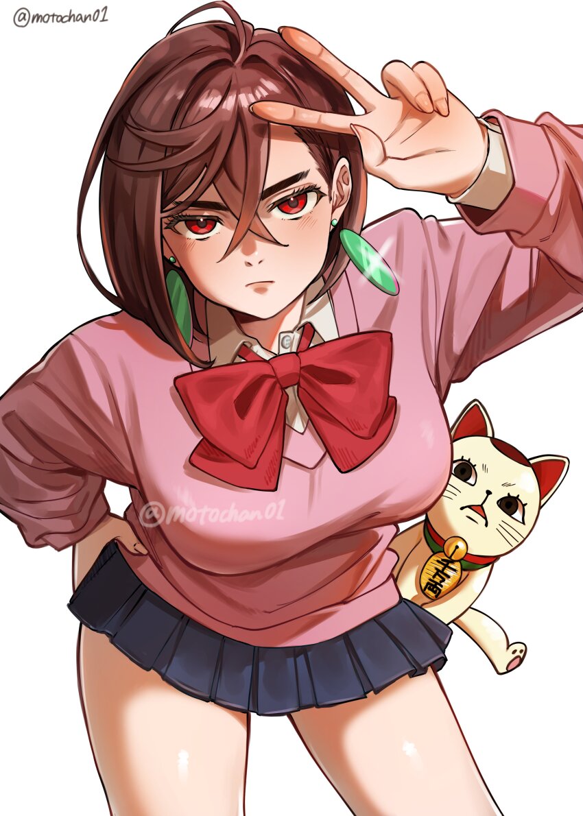 1girl absurdres arm_up artist_name ayase_momo bow bowtie breasts brown_hair buttons cat collared_shirt dandadan earrings frown hair_behind_ear hand_on_own_hip highres jewelry large_breasts loose_bowtie miniskirt motochan01 pendant_earring pink_sweater red_eyes shirt signature simple_background skirt sweater v v-shaped_eyebrows white_background white_shirt