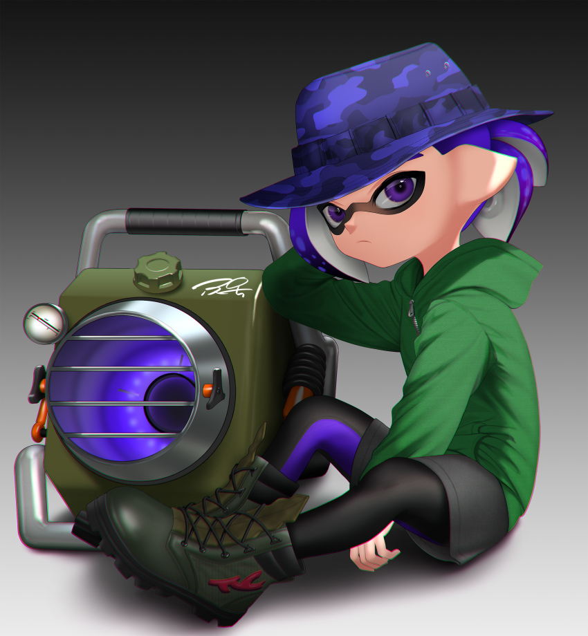 1boy absurdres ankle_boots arm_up between_legs black_leggings blue_hair blue_hat boots camouflage camouflage_headwear chromatic_aberration closed_mouth explosher_(splatoon) frown full_body gradient_background green_boots green_jacket grey_shorts hand_between_legs hat highres hood hood_down hooded_jacket inkling inkling_boy inkling_player_character jacket lace-up_boots leggings leggings_under_shorts long_sleeves multicolored_leggings nintendo pantyhose puchiman purple_eyes purple_hair purple_leggings seaweed short_hair shorts sitting solo splatoon_(series) suction_cups tentacle_hair two-tone_leggings