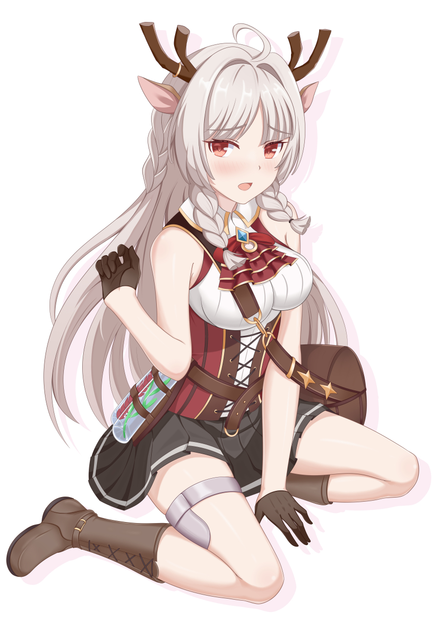 1girl absurdres ahoge animal_ears antler_ornament antlers bag between_legs black_gloves black_skirt blush boots braid breasts brown_bag brown_boots cross-laced_clothes deer_antlers deer_ears framed_breasts full_body gloves grey_hair hair_over_shoulder hand_between_legs highres horns knee_boots kneeling lace-up_boots long_hair looking_at_viewer louise_marie medium_breasts on_ground open_mouth pleated_skirt princess_connect! red_eyes red_shirt shirt shoulder_bag shoulder_strap side_braid simple_background skirt sleeveless sleeveless_shirt solo striped_clothes thigh_strap vertical-striped_clothes vial white_background white_trim winterline
