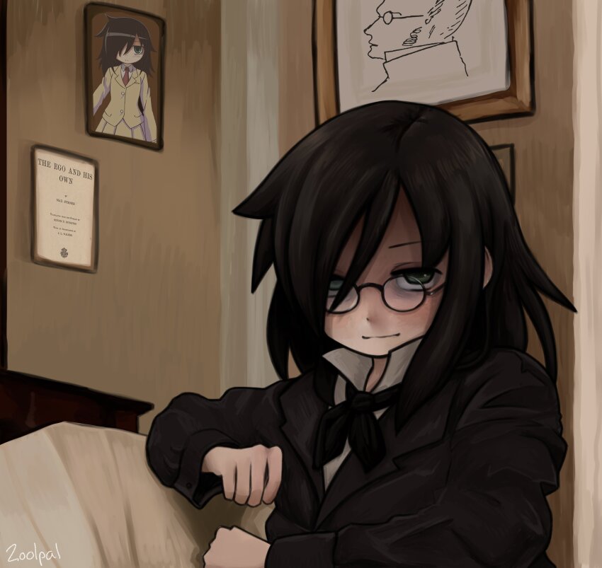 1girl absurdres bags_under_eyes black_hair black_jacket black_necktie commentary copyright_request cosplay cosplay_request english_commentary glasses green_eyes hair_over_one_eye highres indoors jacket jitome kuroki_tomoko long_hair looking_at_viewer max_stirner necktie reference_request round_eyewear sitting solo watashi_ga_motenai_no_wa_dou_kangaetemo_omaera_ga_warui! zoolpal