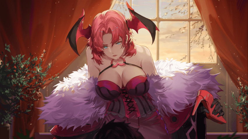 1girl bad_source bat_wings blue_eyes branch breasts chest_harness cleavage cloud coat curtains dress feet_out_of_frame flower_pot gyee hair_ornament harness head_wings heart high_heels highres looking_down official_art pink_hair plant potted_plant rita_(gyee) short_hair sky solo sunlight sunset sweat sweatdrop wings yingzi