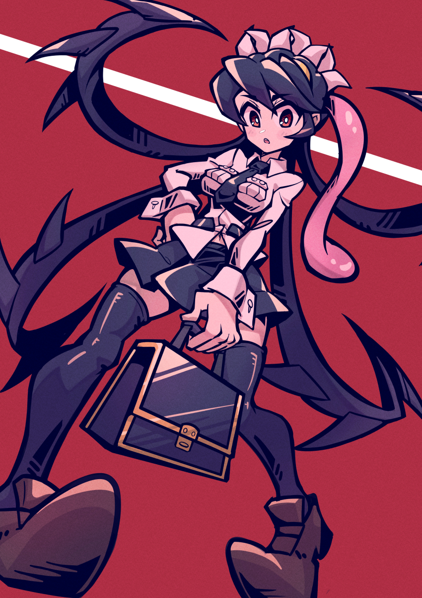 1girl absurdres black_hair bright_pupils filia_(skullgirls) full_body hand_on_own_hip highres holding long_hair looking_at_viewer looking_down navel necktie onozawa_(buresu21) open_mouth pigeon-toed pleated_skirt purple_hair red_background red_eyes samson_(skullgirls) school_uniform shoes skirt skullgirls solo thighhighs tongue tongue_out white_pupils