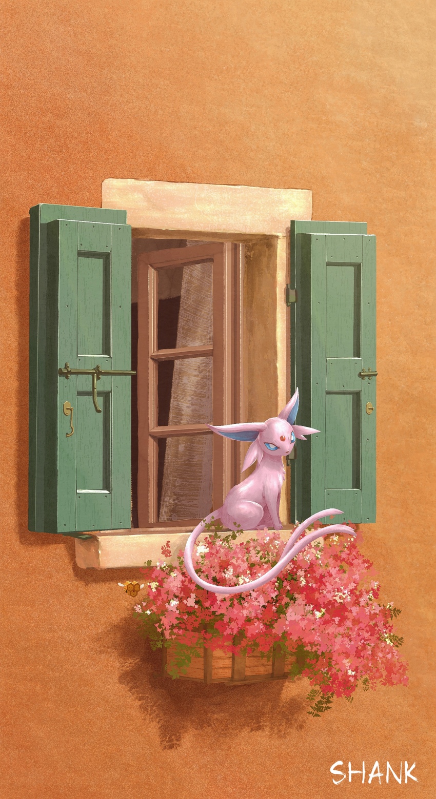 absurdres artist_name blue_eyes combee espeon flower forehead_jewel forked_tail full_body gen_2_pokemon gen_4_pokemon highres nintendo no_humans pokemon pokemon_(creature) scenery shank signature sitting solo tail wall window