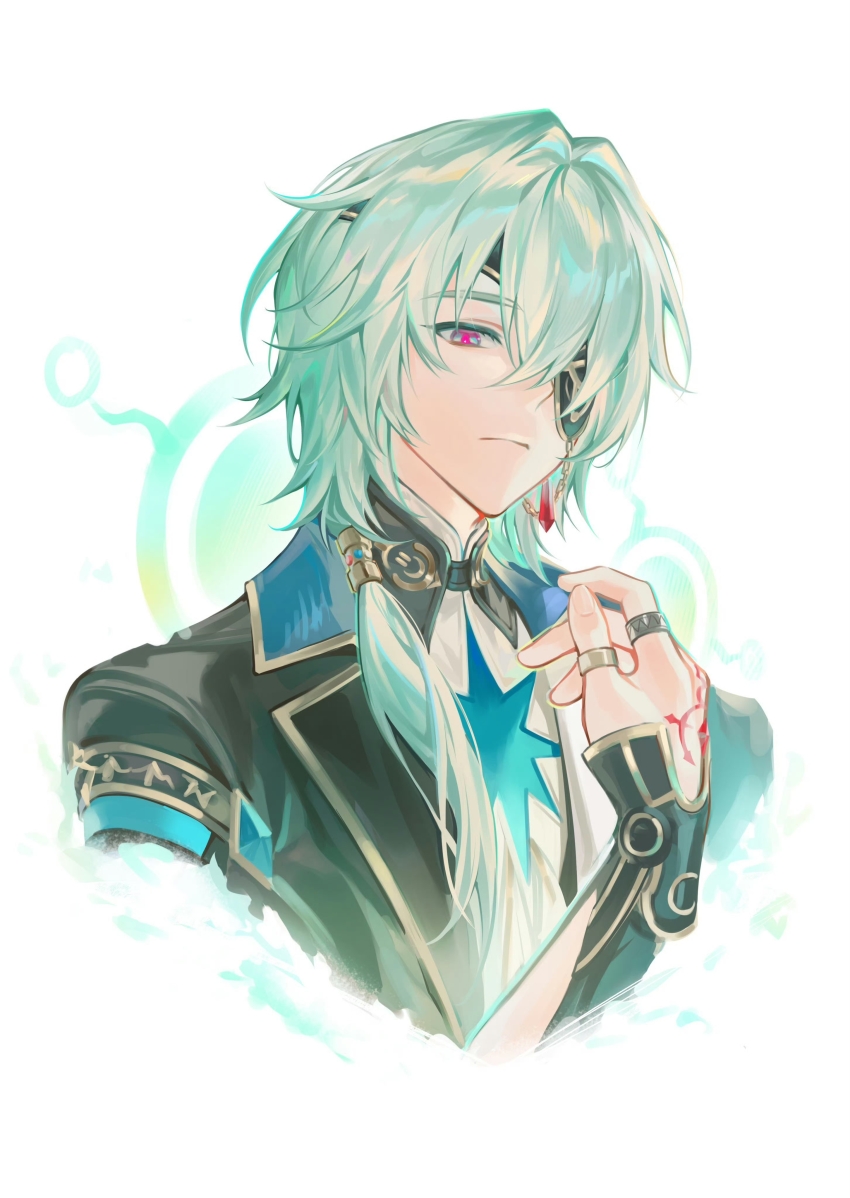 1boy absurdres anaxa_(honkai:_star_rail) arm_up black_jacket closed_mouth collared_shirt cropped_torso crossed_bangs earrings eyepatch hair_between_eyes high_collar highres honkai:_star_rail honkai_(series) jacket jewelry lapels light_frown long_hair looking_ahead male_focus multiple_rings notched_lapels one_eye_covered piercing ponytail red_eyes ring shirt side_ponytail single_earring solo wumingxiaohei50021