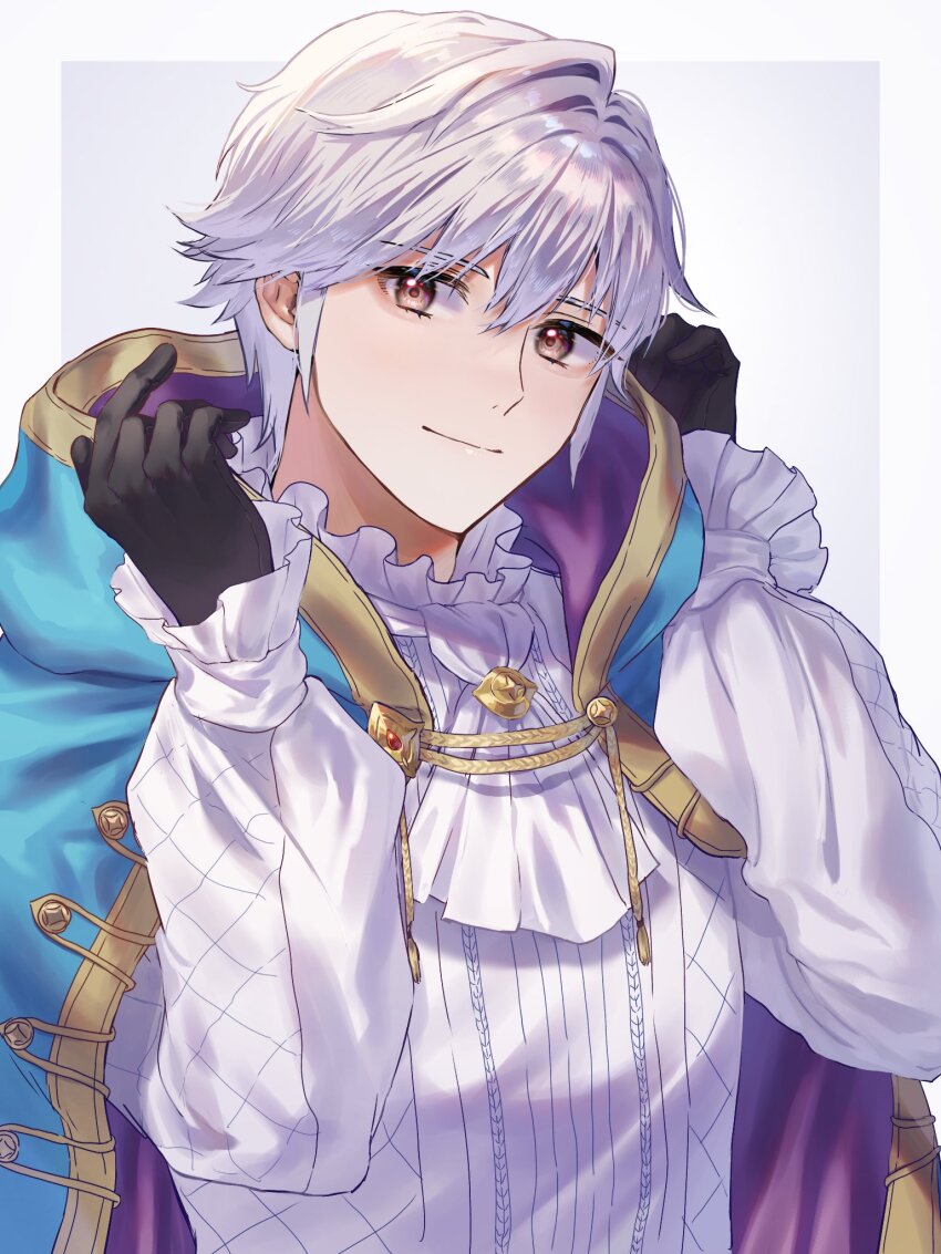 1boy ascot black_gloves blue_cape brown_eyes cape closed_mouth fire_emblem fire_emblem_awakening fire_emblem_heroes frilled_shirt frills gloves hands_up highres long_sleeves looking_to_the_side male_focus male_robin_(exalt&#039;s_deliverer)_(fire_emblem) male_robin_(fire_emblem) nintendo official_alternate_costume purple_cape shirt short_hair smile solo tomo_shirasu upper_body white_ascot white_hair white_shirt