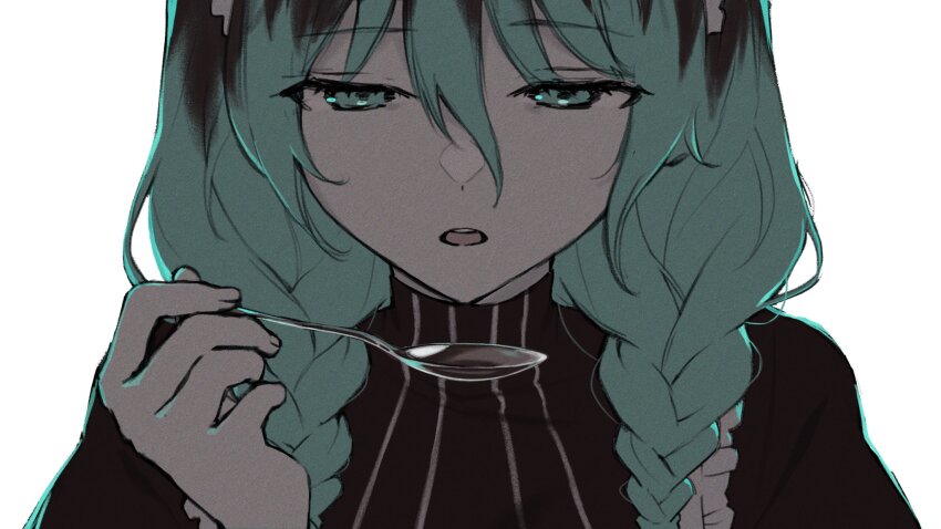 1girl alternate_costume alternate_hair_color alternate_hairstyle aqua_eyes aqua_hair backlighting black_dress black_hair braid commentary_request dress film_grain hair_between_eyes hand_up hatsune_miku highres holding holding_spoon lia_(retiredstarmiya) long_hair low_twin_braids maid multicolored_hair open_mouth portrait saji_no_majinai_(vocaloid) simple_background solo spoon straight-on twin_braids two-tone_hair vocaloid white_background