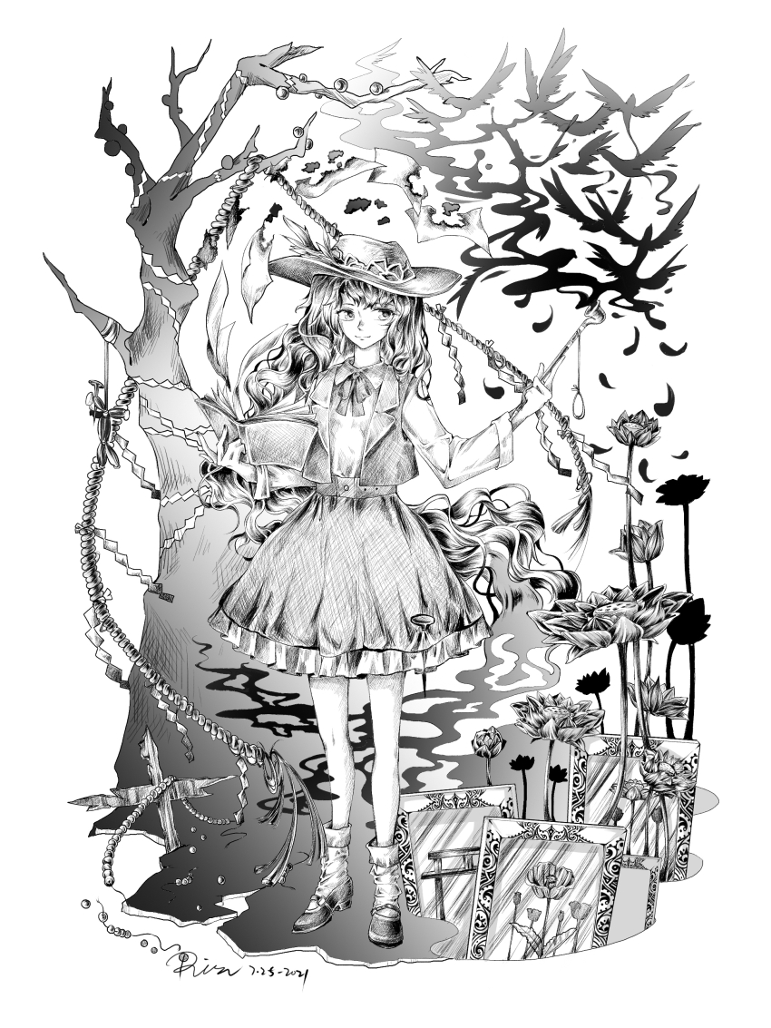 1256310514 1girl absurdres beads bird book bud closed_mouth collared_shirt commentary_request dolls_in_pseudo_paradise fedora flower frilled_hat frilled_skirt frills full_body greyscale hat hat_feather highres holding holding_book holding_smoking_pipe jacket_girl_(dipp) kiseru long_hair long_sleeves looking_to_the_side lotus lotus_pod mary_janes monochrome neck_ribbon noose open_clothes open_vest poppy_(flower) portrait_(object) ribbon rope shide shimenawa shirt shoes skirt smile smoking_pipe socks solo stake standing straw_doll torii touhou traditional_media tree very_long_hair vest wavy_hair