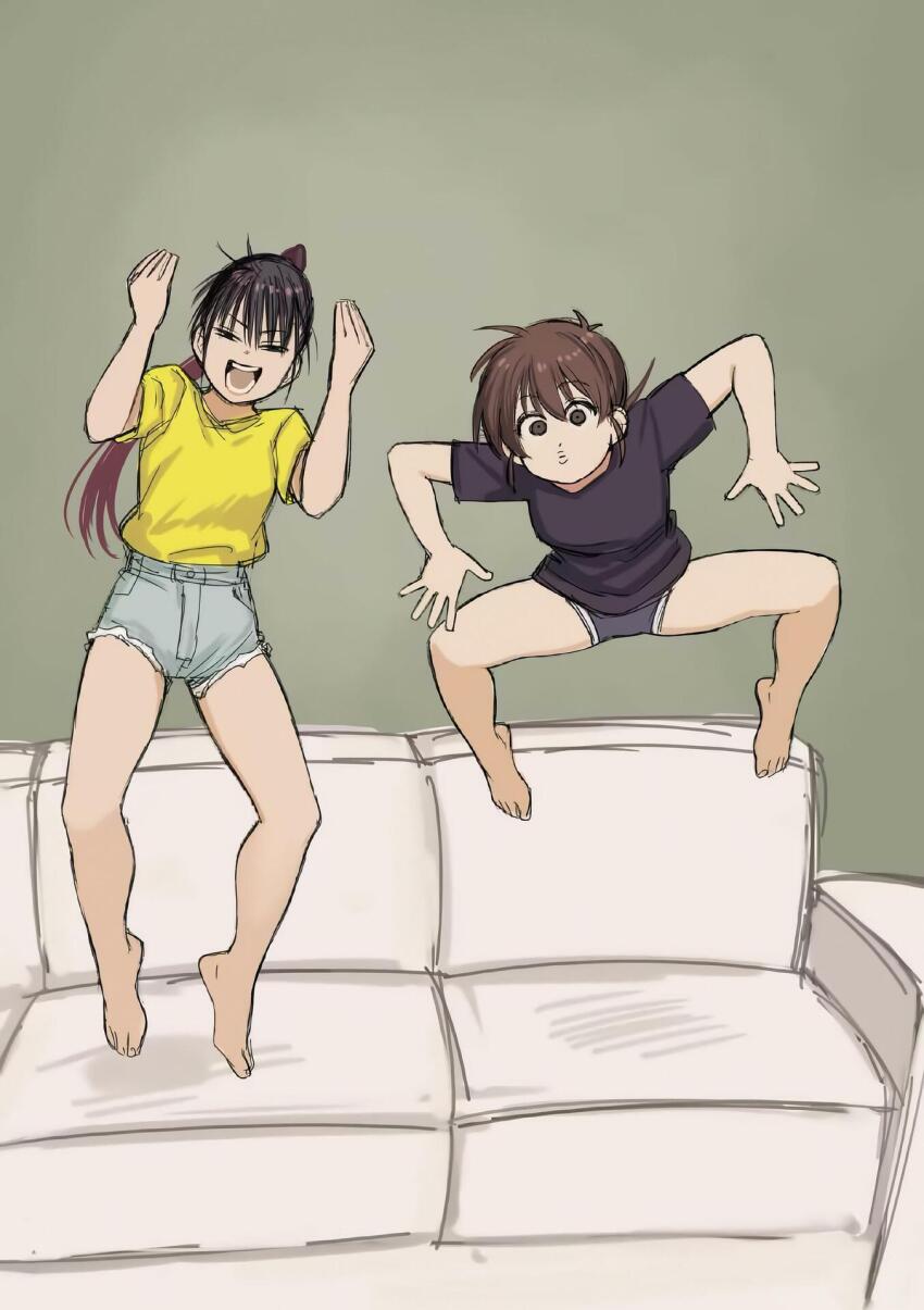 2girls barefoot brown_eyes brown_hair couch denim denim_shorts feet full_body highres ichigaya_sumire jumping legs looking_at_viewer multiple_girls non-web_source ponytail rai_rai_rai sayama_hazuki_(rai_rai_rai) shirt shorts t-shirt thighs toes yellow_shirt yoshiaki_kei