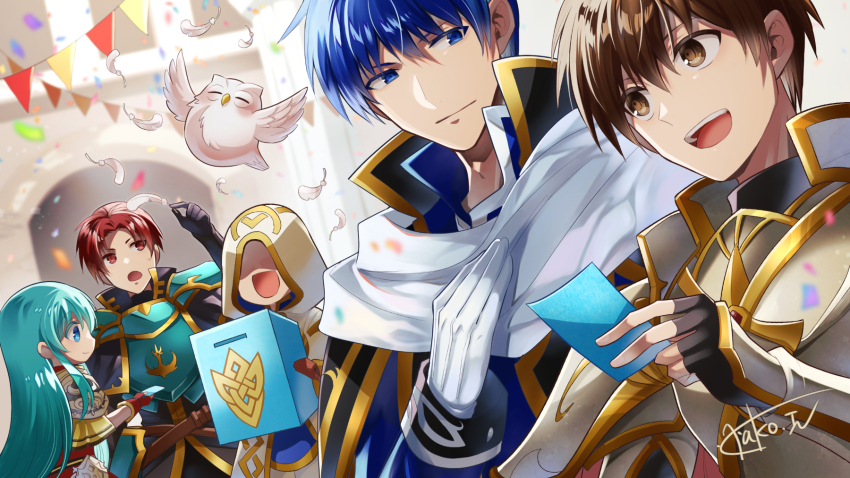 1girl 1other 3boys animal armor ballot ballot_box bird blue_eyes blue_hair box brown_eyes brown_hair cape commentary_request eirika_(fire_emblem) feathers feh_(fire_emblem_heroes) fingerless_gloves finn_(fire_emblem) fire_emblem fire_emblem:_the_sacred_stones fire_emblem:_thracia_776 fire_emblem_heroes gloves highres holding holding_box holding_feather hood itagaki_hako kiran_(fire_emblem) leif_(fire_emblem) long_hair multiple_boys nintendo official_art open_mouth owl red_eyes red_hair seth_(fire_emblem) short_hair signature smile