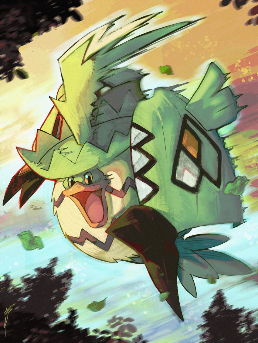 absurdres beak flying full_body fusion gen_3_pokemon gen_7_pokemon highres jjfsantos legendary_pokemon looking_at_viewer ludicolo nintendo no_humans open_mouth original pokemon pokemon_(creature) pokemon_focus solo tapu_koko
