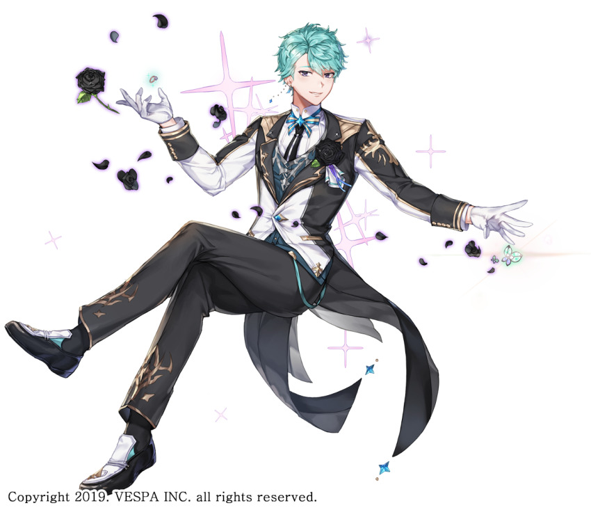 1boy black_flower black_jacket black_pants black_rose black_shoes black_socks blue_bow blue_bowtie blue_vest boutonniere bow bowtie bug butterfly commentary crossed_legs dress_shoes earrings esker_(king&#039;s_raid) flower full_body gloves gold_bowtie gold_trim green_hair grey_eyes groom hwansang_jungdog insect jacket jewelry king&#039;s_raid looking_at_viewer official_alternate_costume official_art pants petals rose shoes silver_trim simple_background single_earring smirk socks solo sparkle striped_bow striped_bowtie striped_clothes suit_jacket tailcoat vest wedding_suit white_background white_gloves white_jacket white_shoes