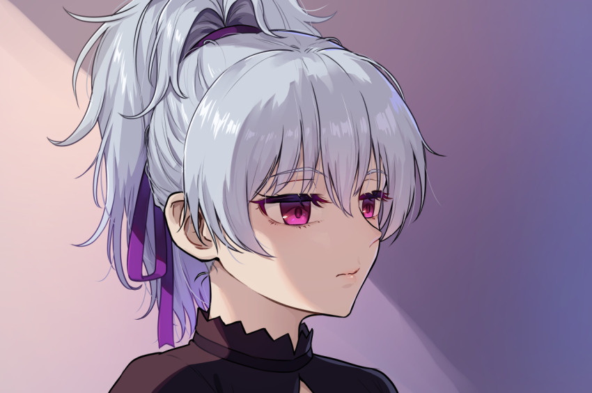 1girl close-up darker_than_black expressionless grey_hair hair_ribbon kamille_(vcx68) long_hair ponytail purple_eyes purple_ribbon ribbon solo yin_(darker_than_black)
