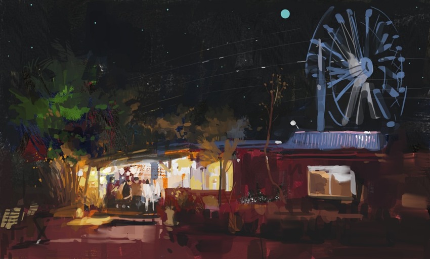 2boys 2girls building ferris_wheel multiple_boys multiple_girls night night_sky original painting_(medium) people scenery shadow sky slow_d traditional_media tree window