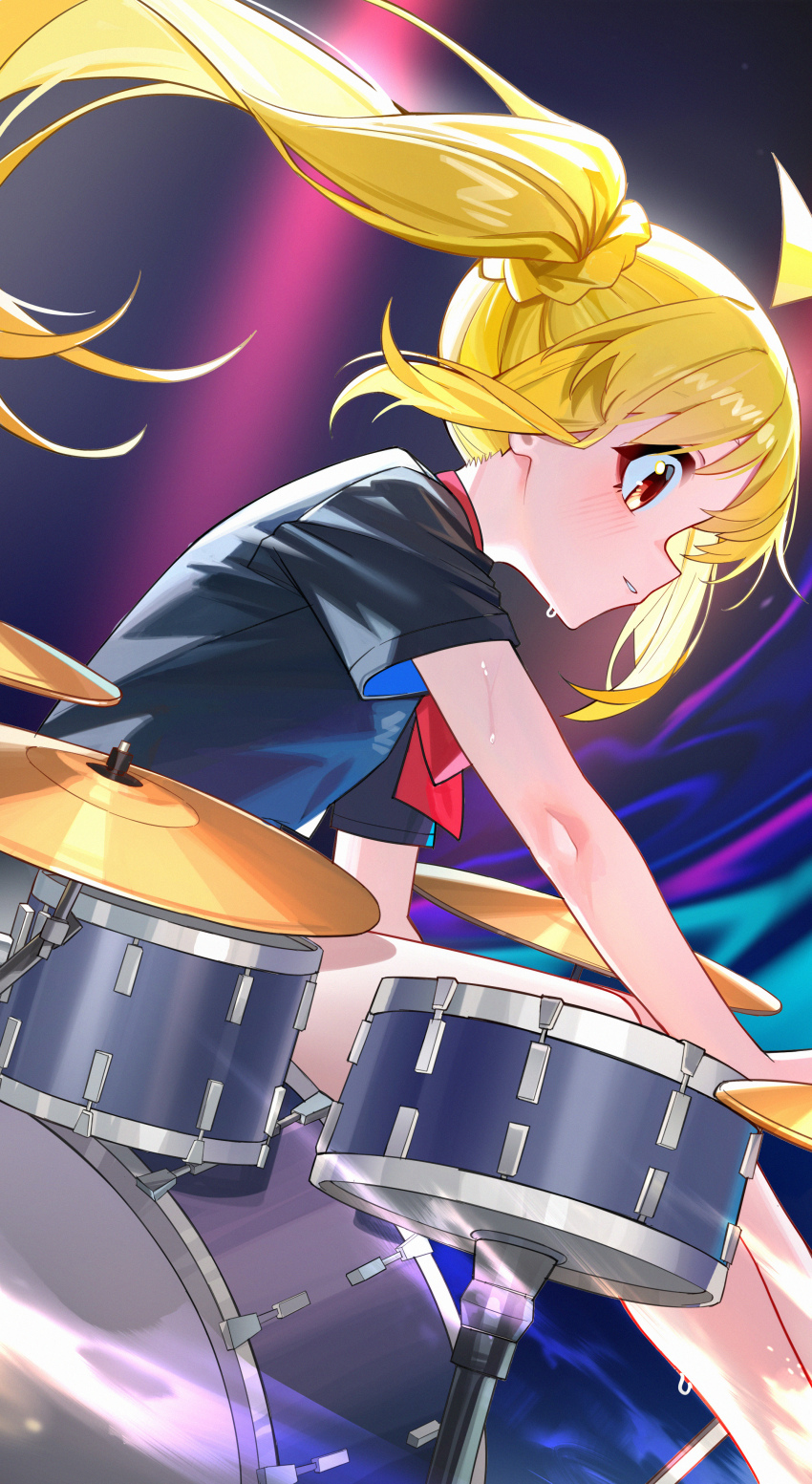 1girl absurdres ahoge black_shirt blush bocchi_the_rock! bow bowtie bun_with_braided_base detached_ahoge drum drum_set floating_hair from_side highres ijichi_nijika instrument light_smile long_hair playing_drum red_bow red_bowtie red_eyes shirt short_sleeves side_ponytail solo sweat yueyueyue_yao
