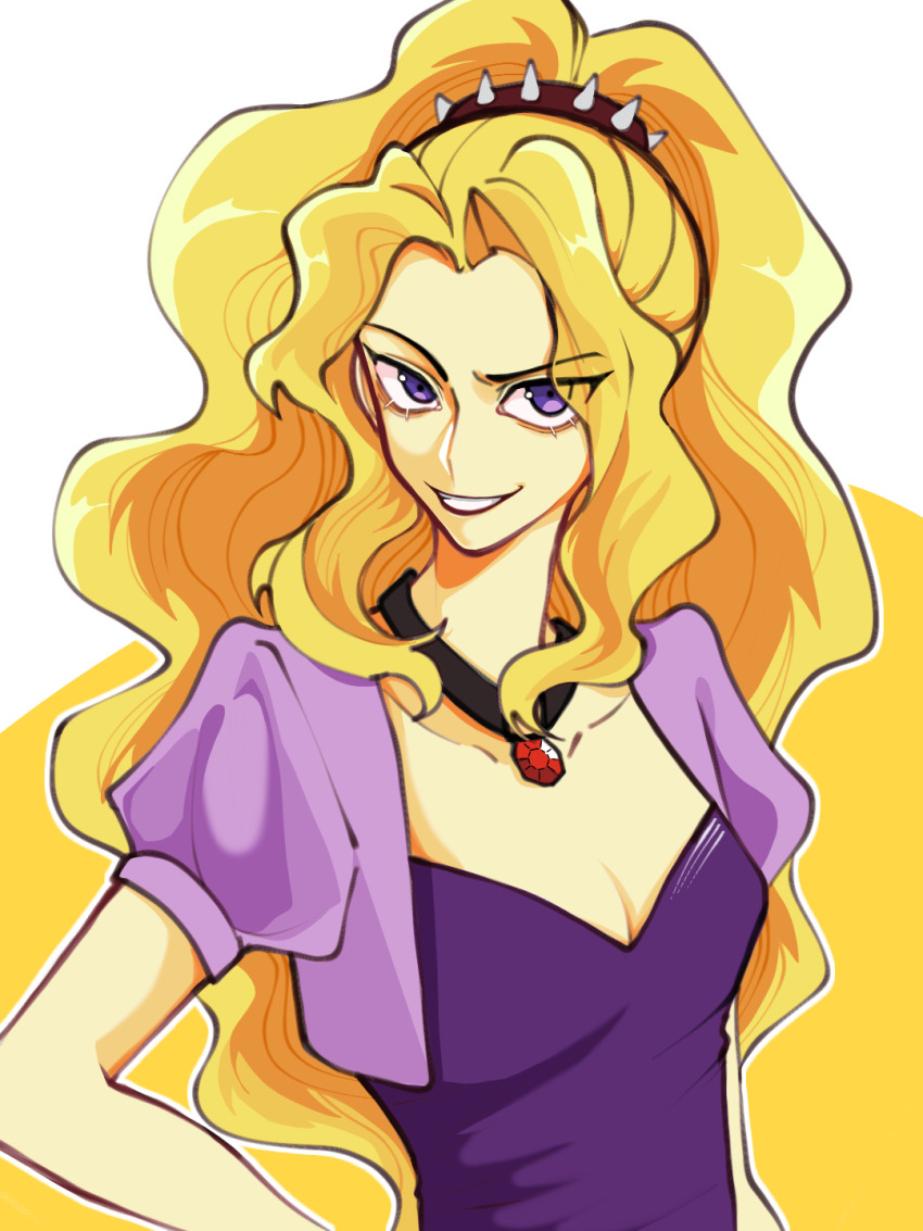1girl adagio_dazzle adagio_dazzle_(human) aegyo_sal blonde_hair breasts cleavage collarbone colored_skin commentary cropped_jacket curtained_hair eyes_visible_through_hair gem grin hair_tie high_ponytail highres jacket jewelry lower_eyelashes_only mianzhijinbushicezhi my_little_pony my_little_pony:_equestria_girls my_little_pony:_friendship_is_magic necklace open_clothes open_jacket outline ponytail puffy_short_sleeves puffy_sleeves purple_eyes purple_jacket purple_shirt raised_eyebrow red_gemstone shirt short-sleeved_jacket short_sleeves sidelocks simple_background small_breasts smile solo symbol-only_commentary two-tone_background upper_body upturned_eyes wavy_hair white_background white_outline yellow_background yellow_skin