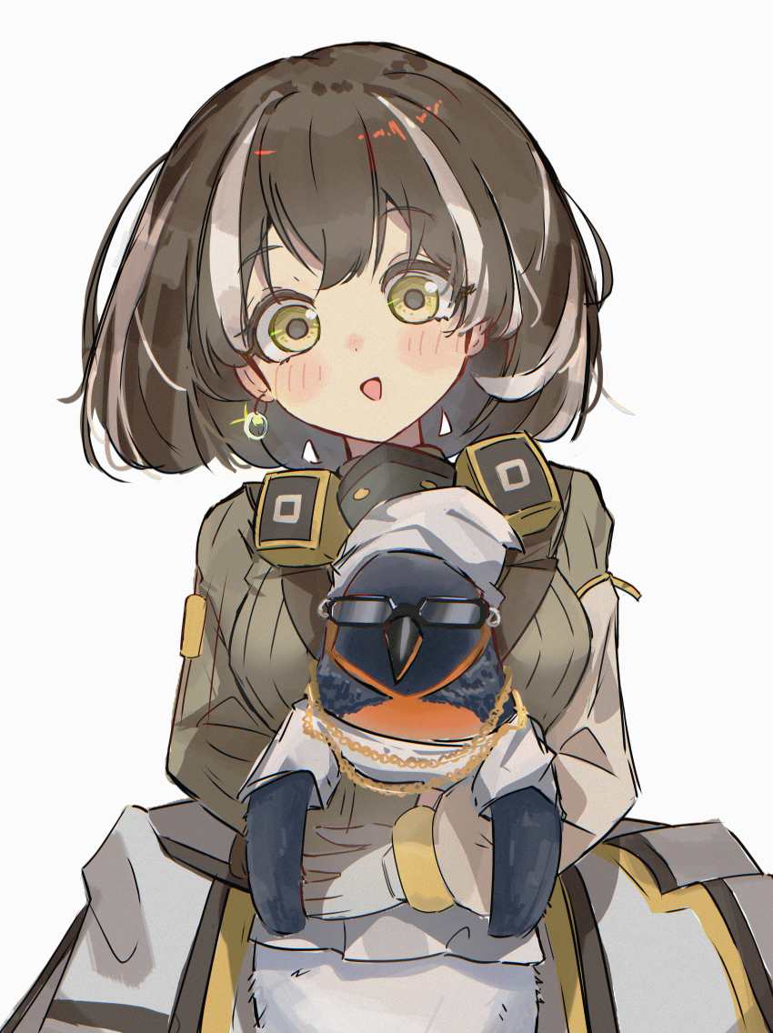 1girl :d absurdres animal arknights asymmetrical_sleeves bird black_hair blush_stickers brown_sweater chain commentary earrings emperor_(arknights) glint gloves gold gold_chain grey_gloves highres holding holding_animal jewelry long_sleeves looking_at_viewer magallan_(arknights) mismatched_sleeves mufetojiiba_(magallan) multicolored_hair open_mouth penguin ribbed_sweater short_hair simple_background smile streaked_hair sunglasses sweater white_background white_hair yellow_eyes