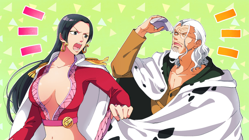 1boy 1girl beard black_hair boa_hancock breasts cape cleavage commentary_request crop_top earrings epaulettes facial_hair glasses green_background highres hip_flask holding hood hooded_cape jewelry kafuyutns long_hair looking_at_another medium_hair notice_lines one_eye_closed one_piece plunging_neckline red_shirt shirt silvers_rayleigh snake_earrings triangle upper_body v-shaped_eyebrows white_cape white_hair