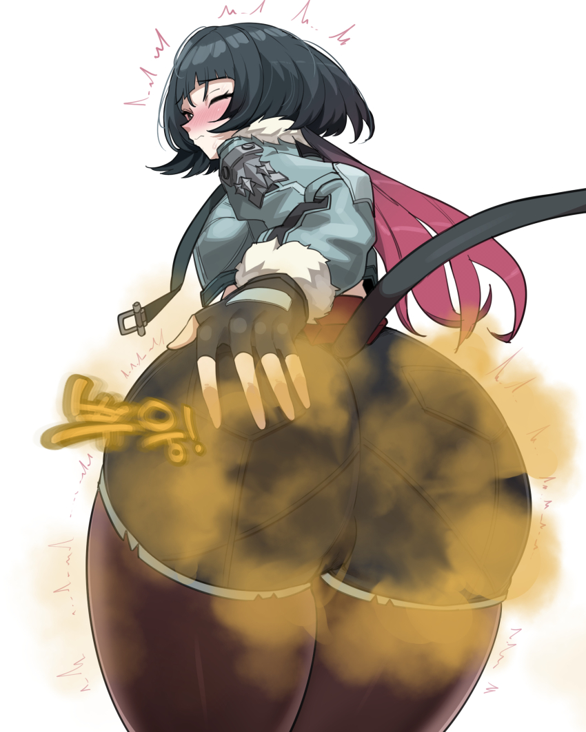 1girl 2025 4team absurdres ass ass_focus black_hair black_shorts blue_eyes blunt_bangs blush breasts brown_pantyhose cameltoe commentary cowboy_shot cropped_jacket fart female_focus foreshortening from_behind fur-trimmed_sleeves fur_trim grabbing_own_ass grey_jacket heart highres jacket jane_doe_(zenless_zone_zero) leaning_forward looking_at_viewer looking_back low_ponytail medium_breasts multicolored_hair nose_blush notice_lines pantyhose ponytail puckered_lips red_hair shorts sideboob simple_background solo streaked_hair tail thick_thighs thighs variant_set wavy_mouth white_background zenless_zone_zero